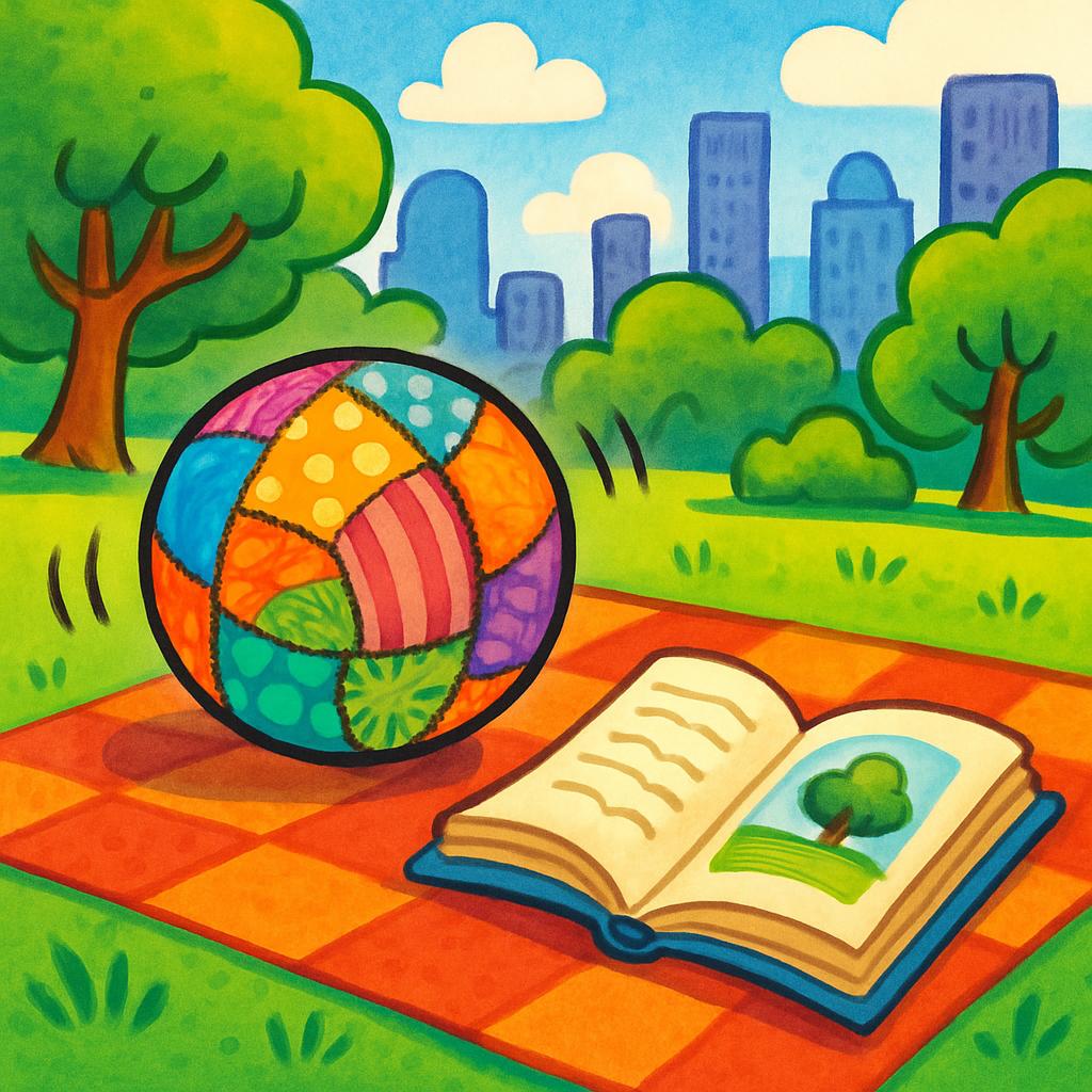 A colorful illustration of a park scene, with a multi-colored ball, an open book, and a city skyline in the background, al...