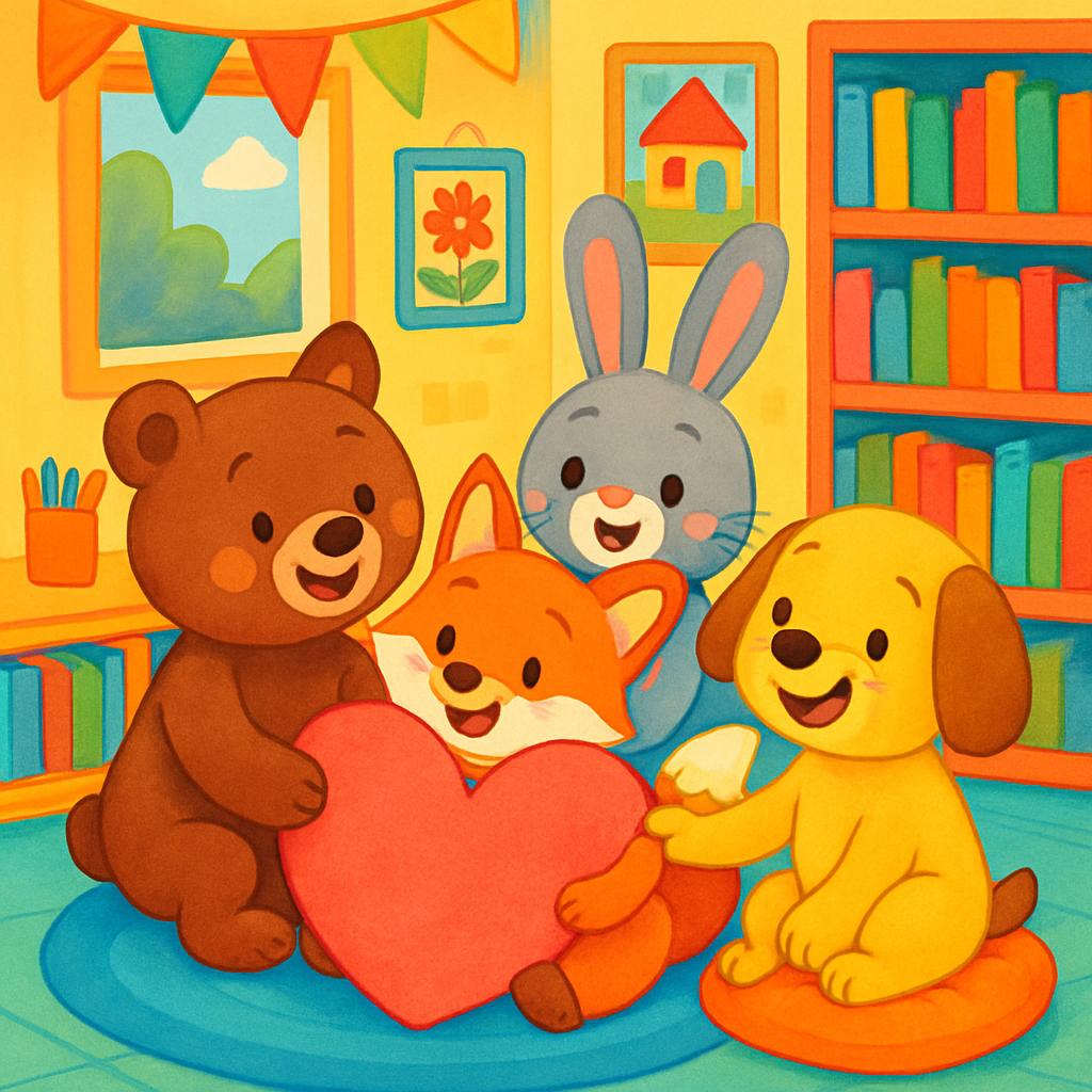 A group of colorful wooden animals huddled together, holding a red heart and enclosed by a colorful border.