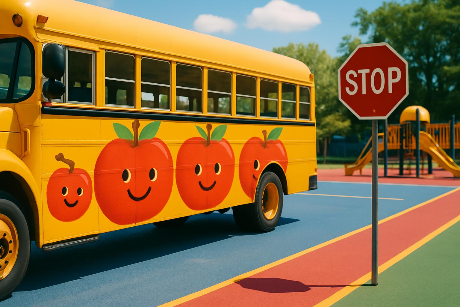 School bus with apples image of children's play equipment.