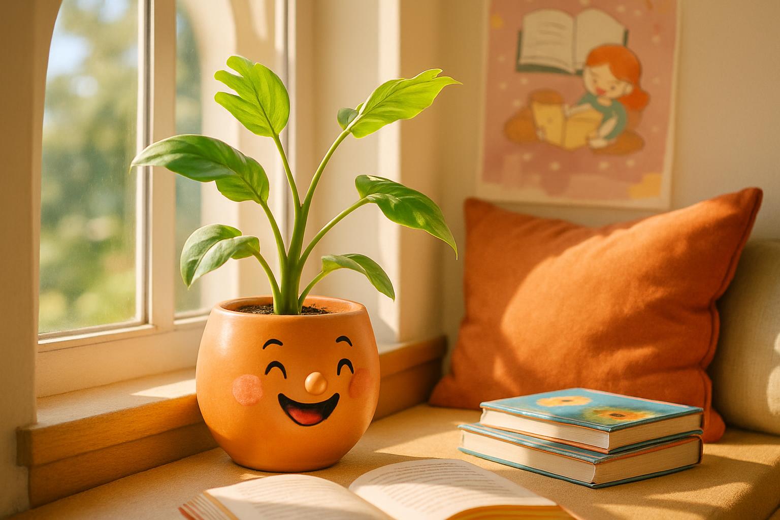 A smiling ceramic pot with a plant stands on a windowsill, surrounded by books and a vibrant poster in the background, evo...