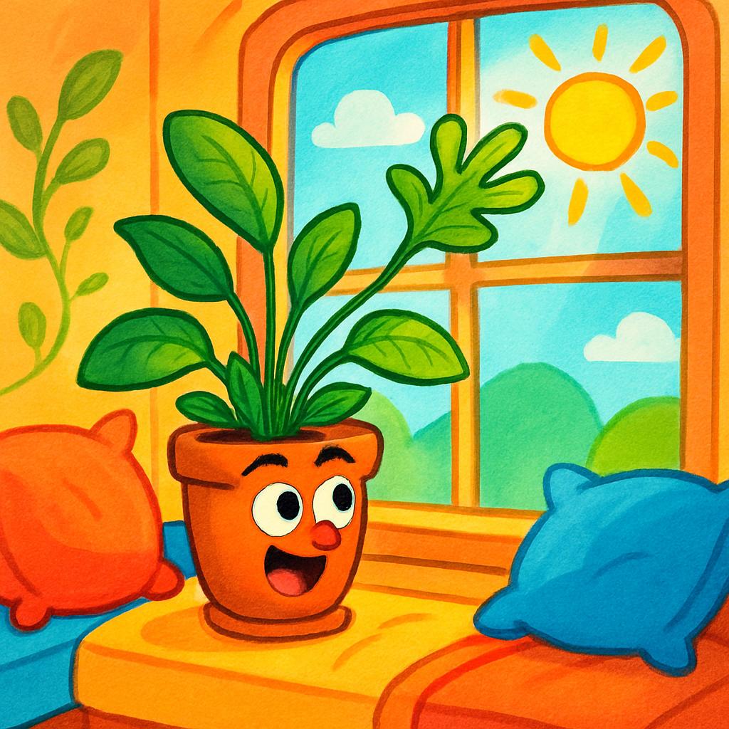 A cartoon plant in a pot, sitting on a windowsill, watching the sun shine through the window.